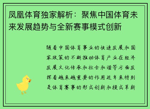 凤凰体育独家解析：聚焦中国体育未来发展趋势与全新赛事模式创新