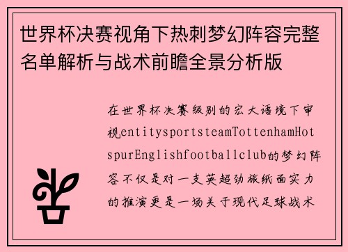 世界杯决赛视角下热刺梦幻阵容完整名单解析与战术前瞻全景分析版